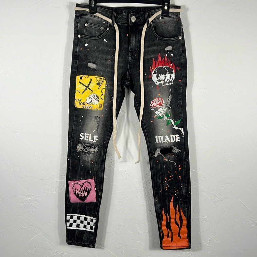 THRT Designer Black‎ Graphic Paint Splatter Skinny Distressed Y2K Denim Jeans